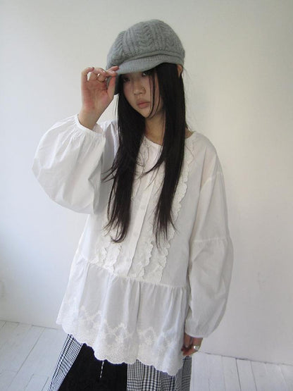 ang project Vintage White Embroidered Lace Trim Oversized Round Neck Blouse