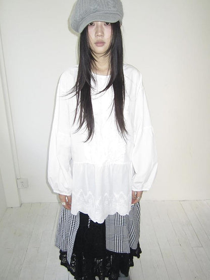 ang project Vintage White Embroidered Lace Trim Oversized Round Neck Blouse