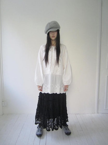 ang project Vintage White Embroidered Lace Trim Oversized Round Neck Blouse