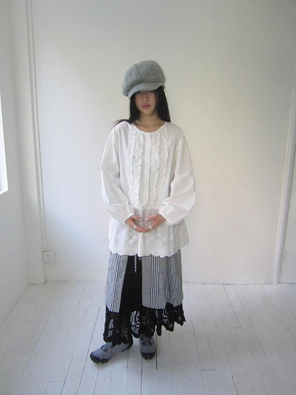 ang project Vintage White Embroidered Lace Trim Oversized Round Neck Blouse