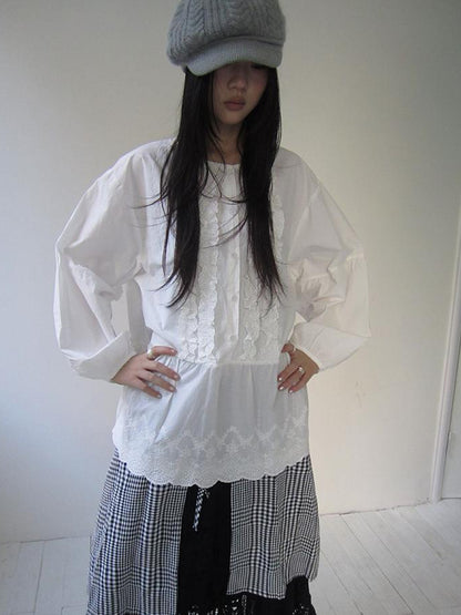 ang project Vintage White Embroidered Lace Trim Oversized Round Neck Blouse