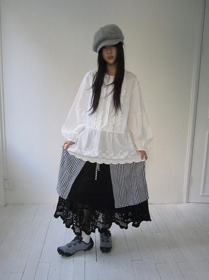 ang project Vintage White Embroidered Lace Trim Oversized Round Neck Blouse