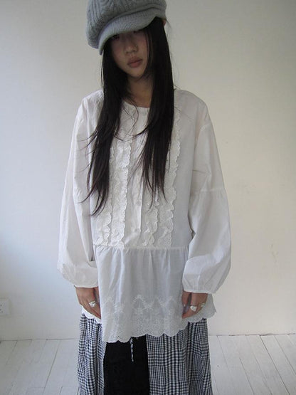 ang project Vintage White Embroidered Lace Trim Oversized Round Neck Blouse