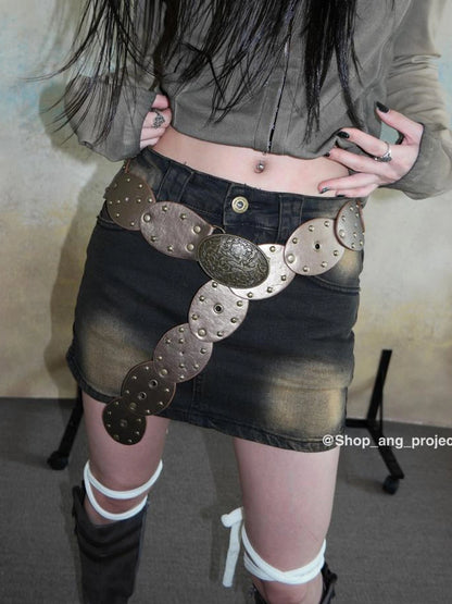 Vintage Y2 K Western Cowboy Metal Buckle Leather Belt