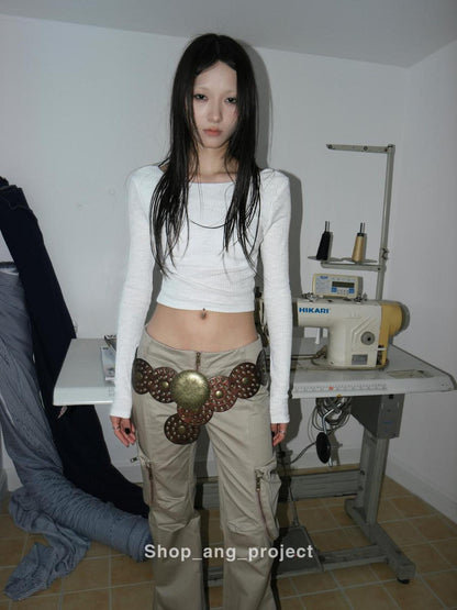 ang project Vintage Y2 K Western Cowboy Metal Buckle Leather Belt
