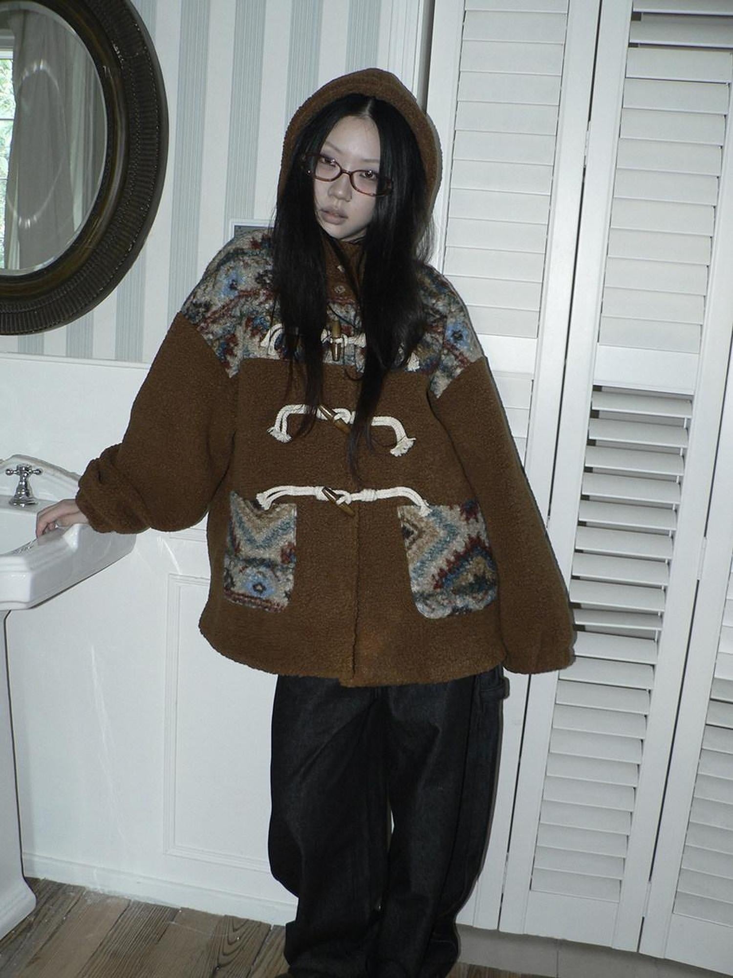 ang project Warm Insulated Hooded Colorblock Oversized Horn Toggle Women Puffer Jacket