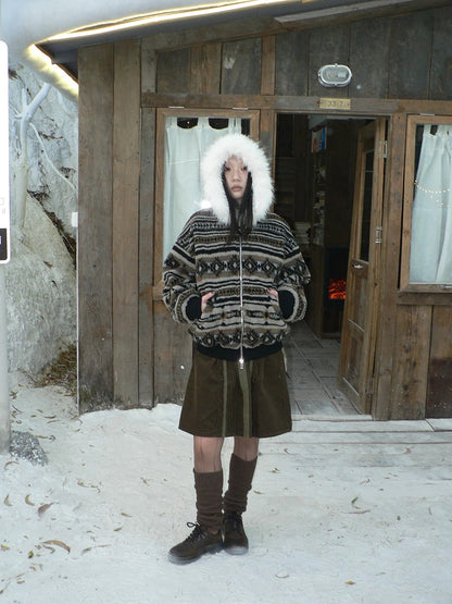 ang project Warm Insulated Vintage Loose Hooded Colorblock Striped Brown Women Zip Up Jacket