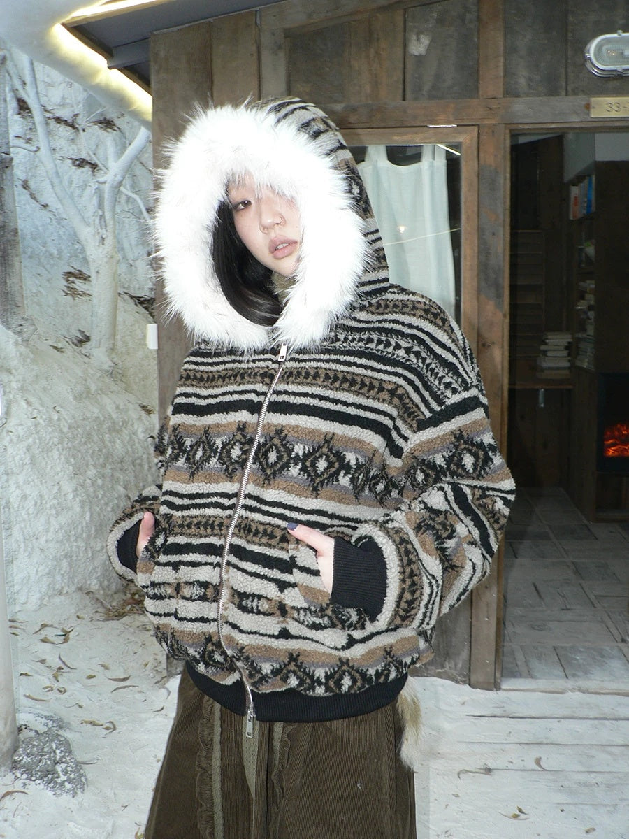 ang project Warm Insulated Vintage Loose Hooded Colorblock Striped Brown Women Zip Up Jacket