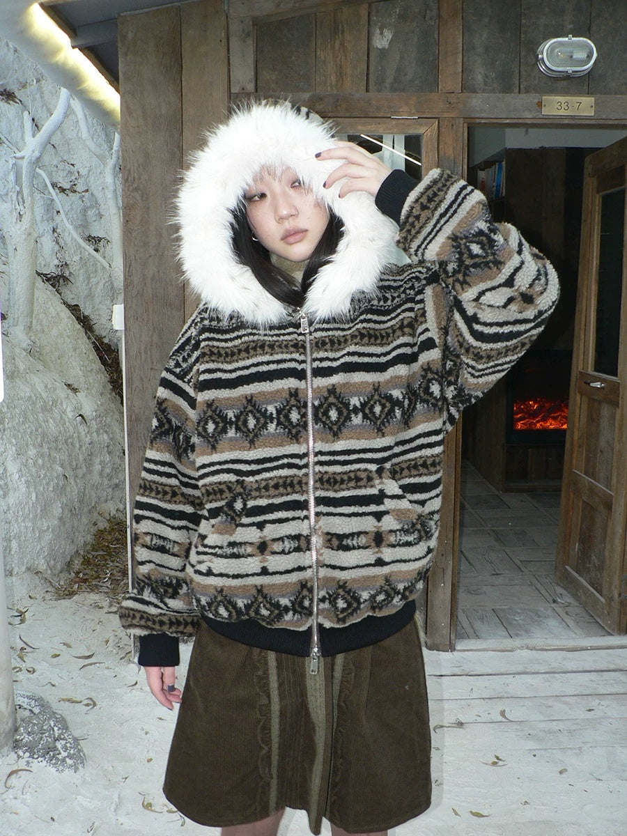 ang project Warm Insulated Vintage Loose Hooded Colorblock Striped Brown Women Zip Up Jacket