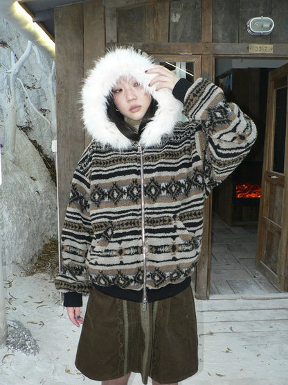 ang project Warm Insulated Vintage Loose Hooded Colorblock Striped Brown Women Zip Up Jacket