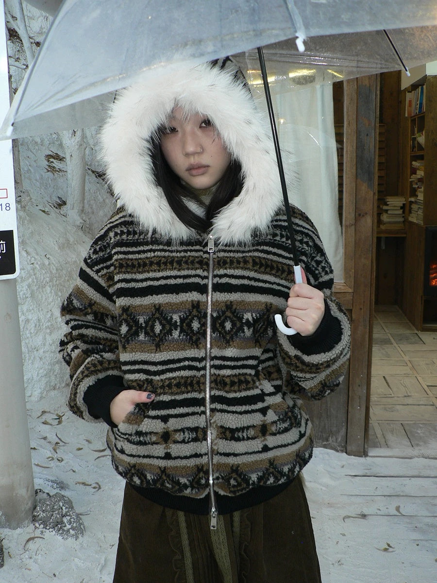 ang project Warm Insulated Vintage Loose Hooded Colorblock Striped Brown Women Zip Up Jacket