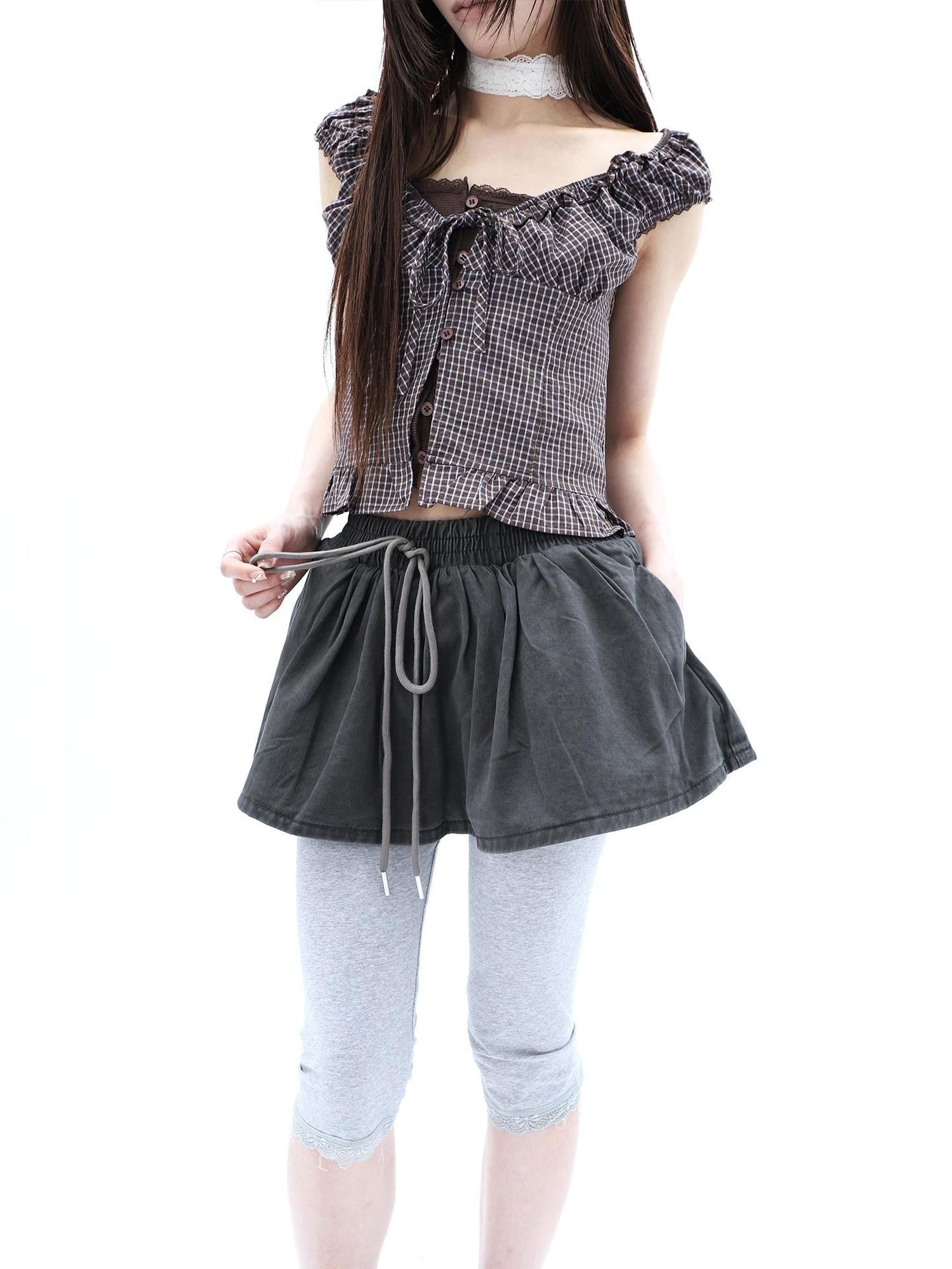 ang project Washed Distressed A Line Elastic Waist Built In Shorts Women&