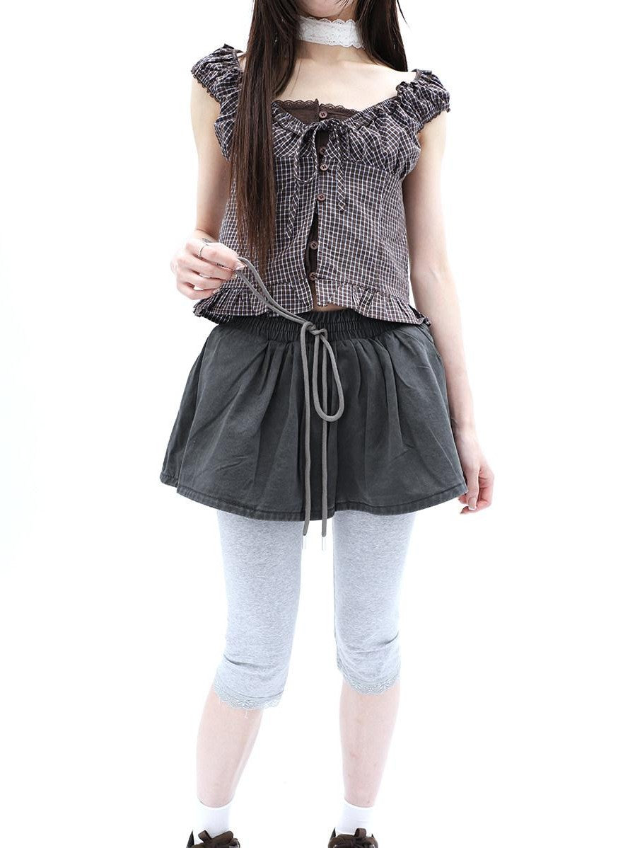 ang project Washed Distressed A Line Elastic Waist Built In Shorts Women&
