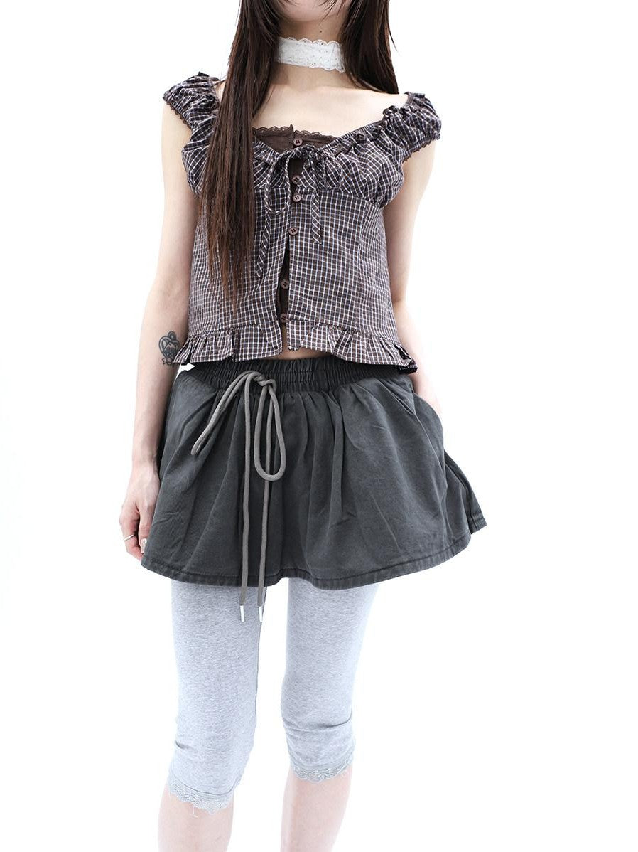 ang project Washed Distressed A Line Elastic Waist Built In Shorts Women&