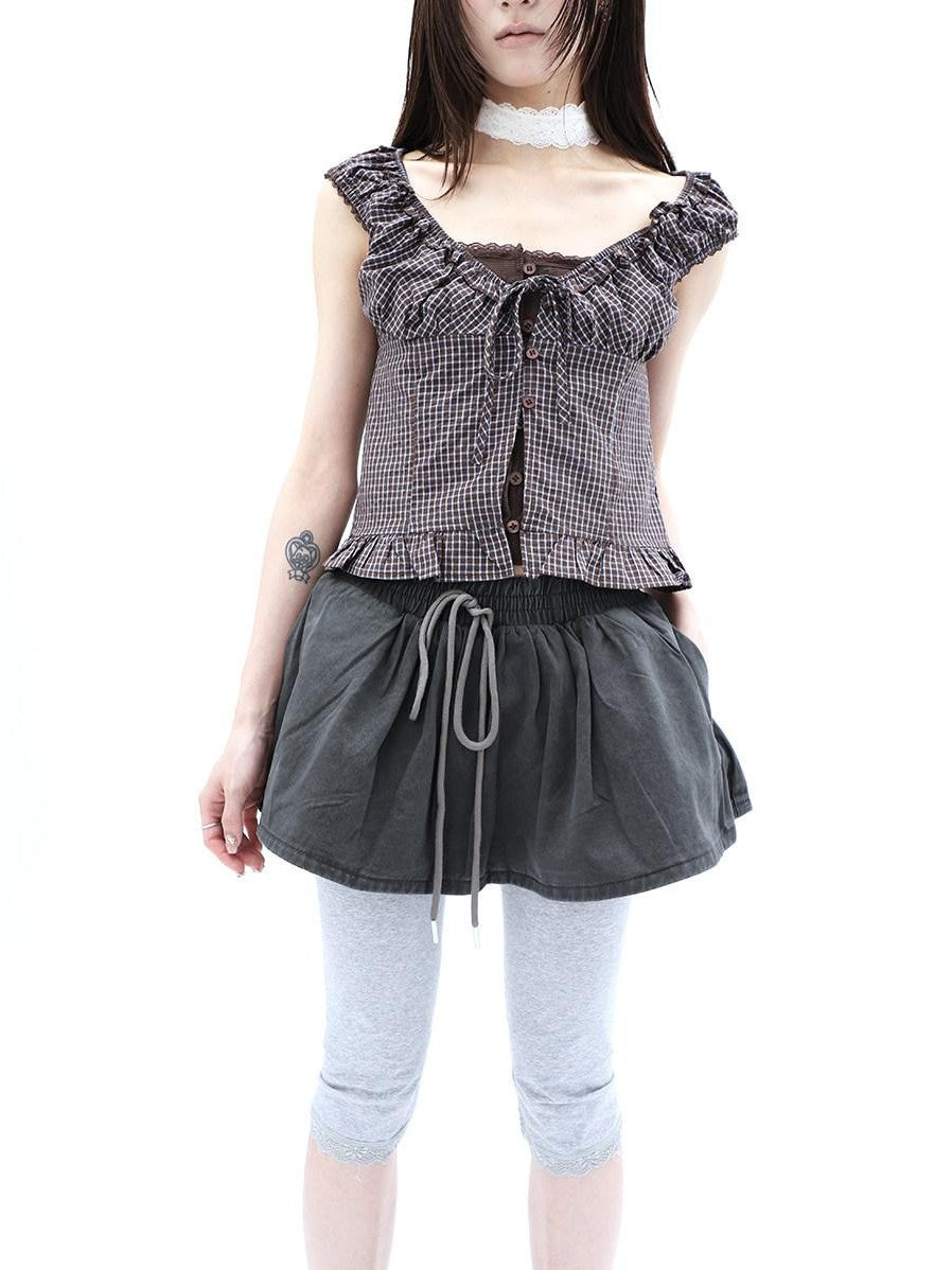 ang project Washed Distressed A Line Elastic Waist Built In Shorts Women&