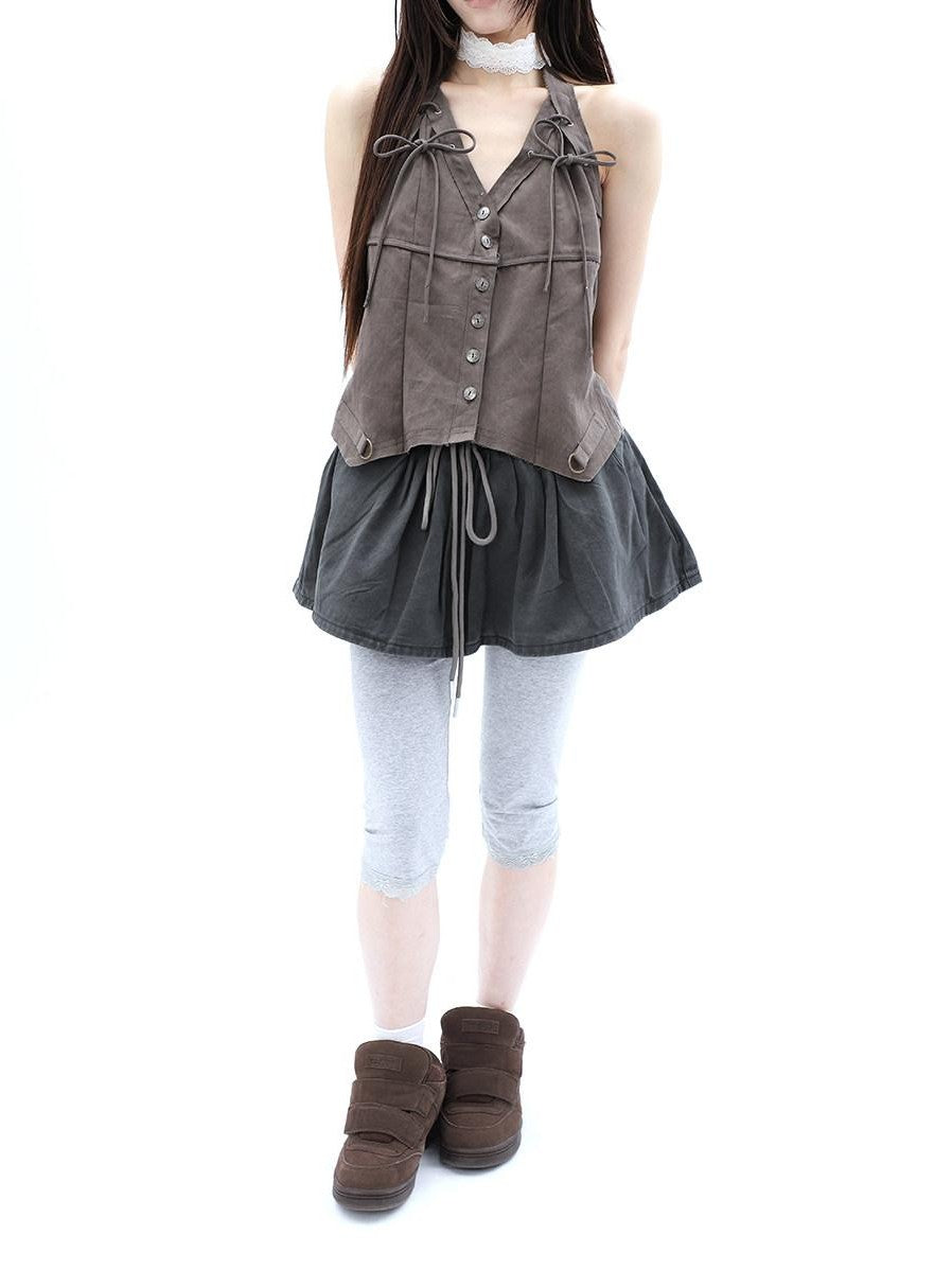 ang project Washed Distressed A Line Elastic Waist Built In Shorts Women&