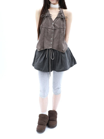 ang project Washed Distressed A Line Elastic Waist Built In Shorts Women&