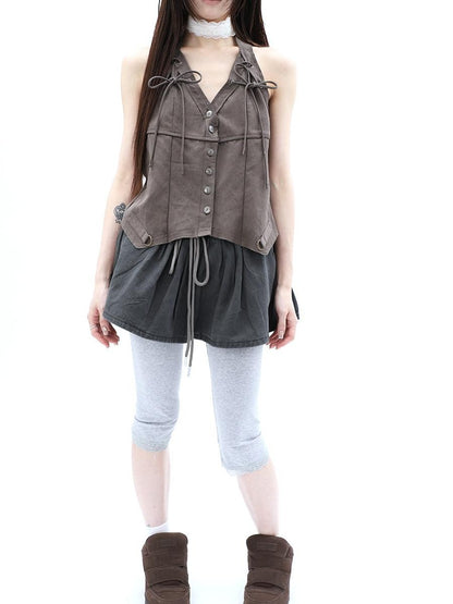 ang project Washed Distressed A Line Elastic Waist Built In Shorts Women&
