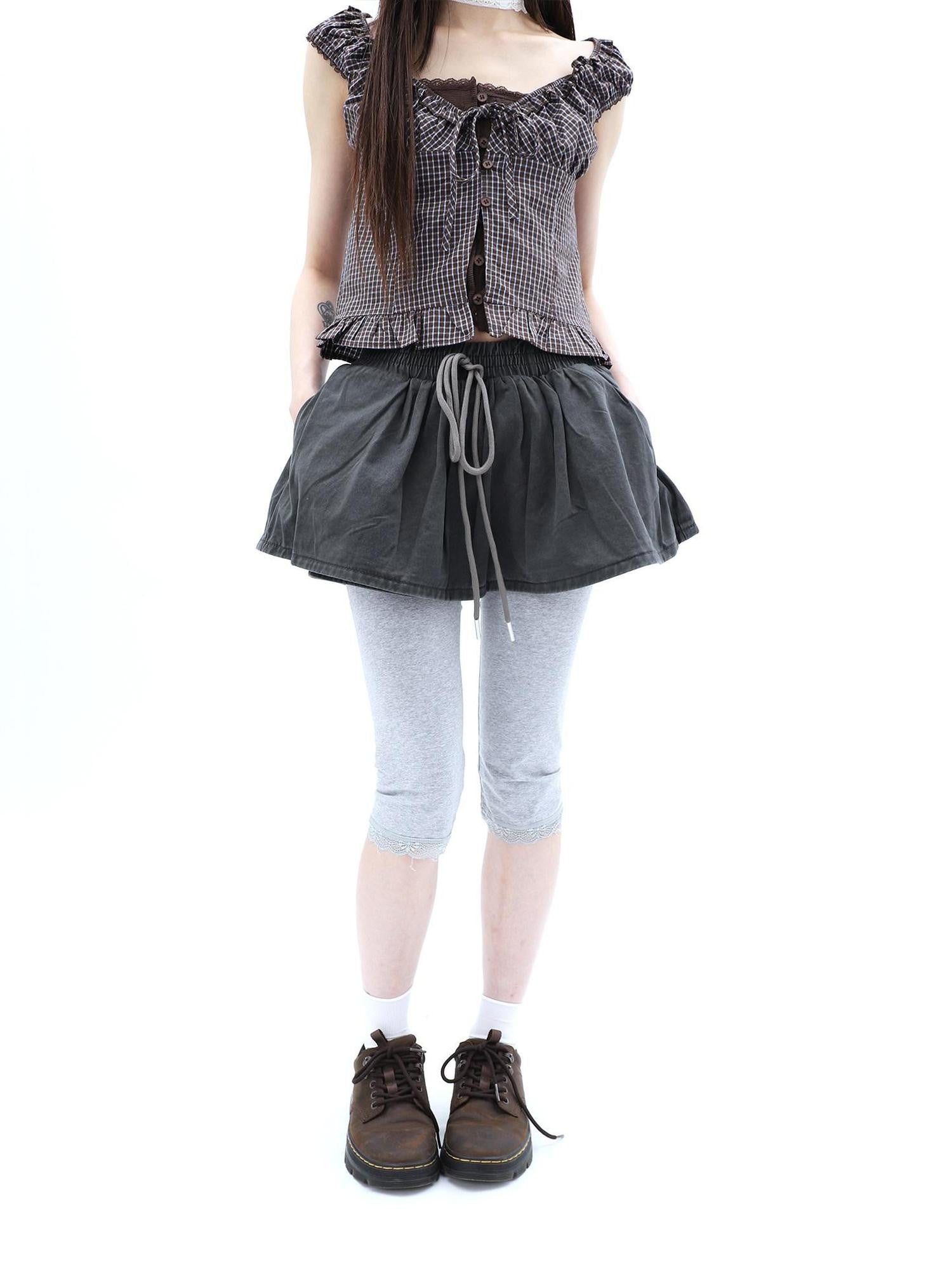 ang project Washed Distressed A Line Elastic Waist Built In Shorts Women&