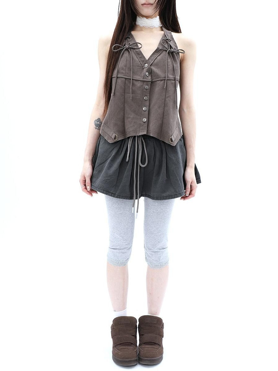 ang project Washed Distressed A Line Elastic Waist Built In Shorts Women&