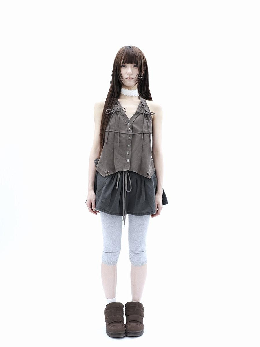 ang project Washed Distressed A Line Elastic Waist Built In Shorts Women&