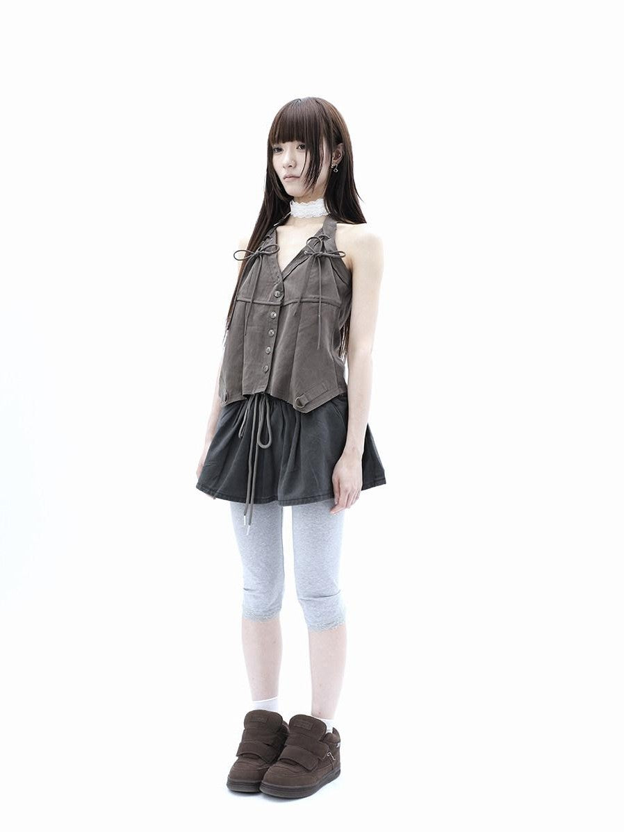 ang project Washed Distressed A Line Elastic Waist Built In Shorts Women&