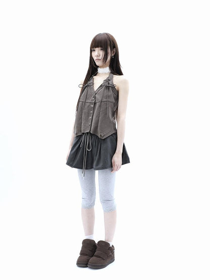 ang project Washed Distressed A Line Elastic Waist Built In Shorts Women&