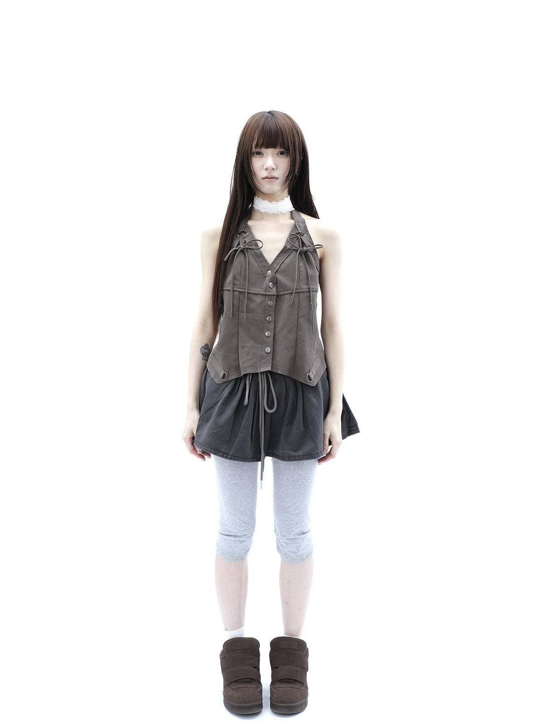 ang project Washed Distressed A Line Elastic Waist Built In Shorts Women&