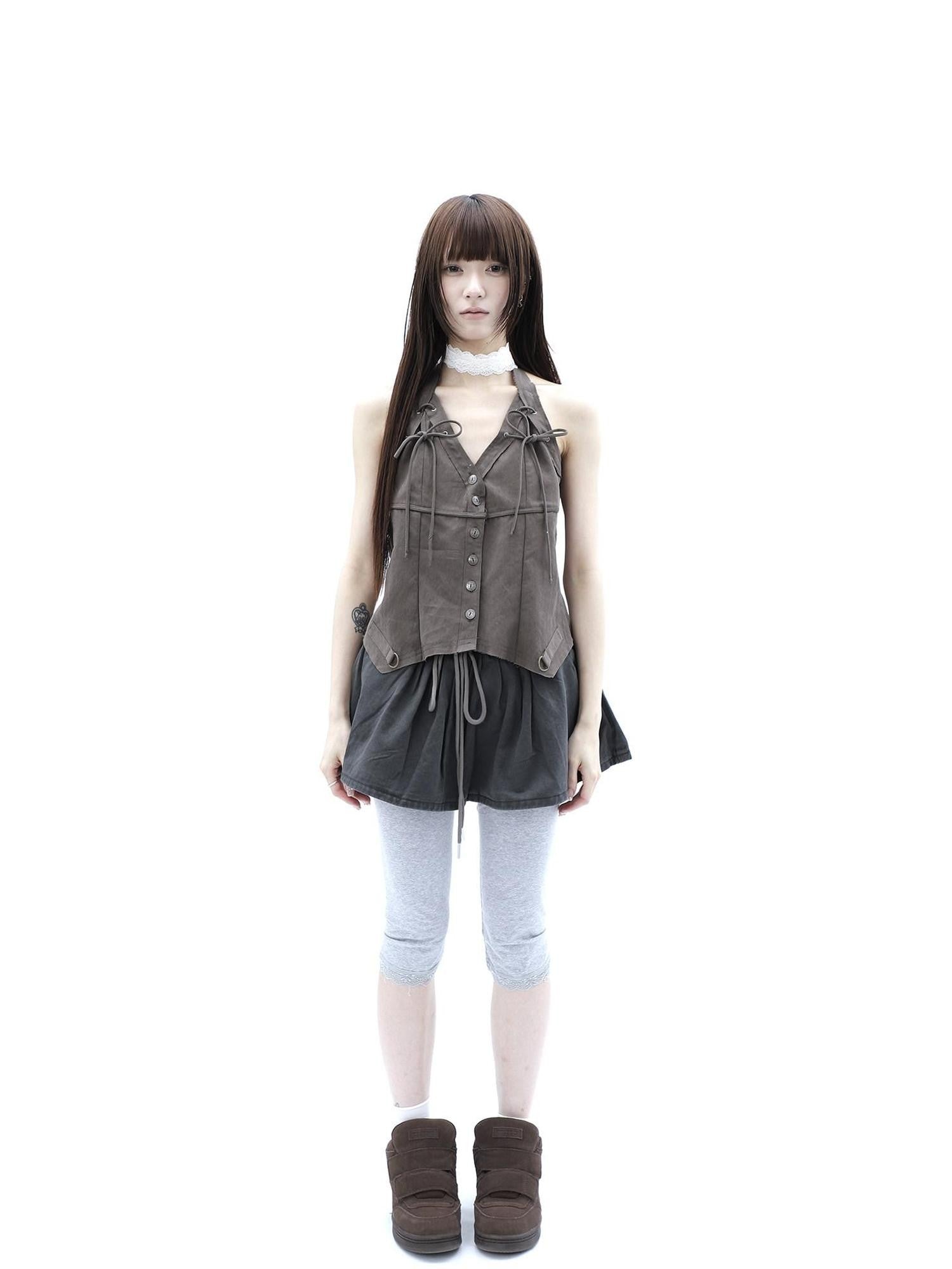 ang project Washed Distressed A Line Elastic Waist Built In Shorts Women&