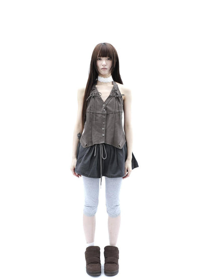 ang project Washed Distressed A Line Elastic Waist Built In Shorts Women&