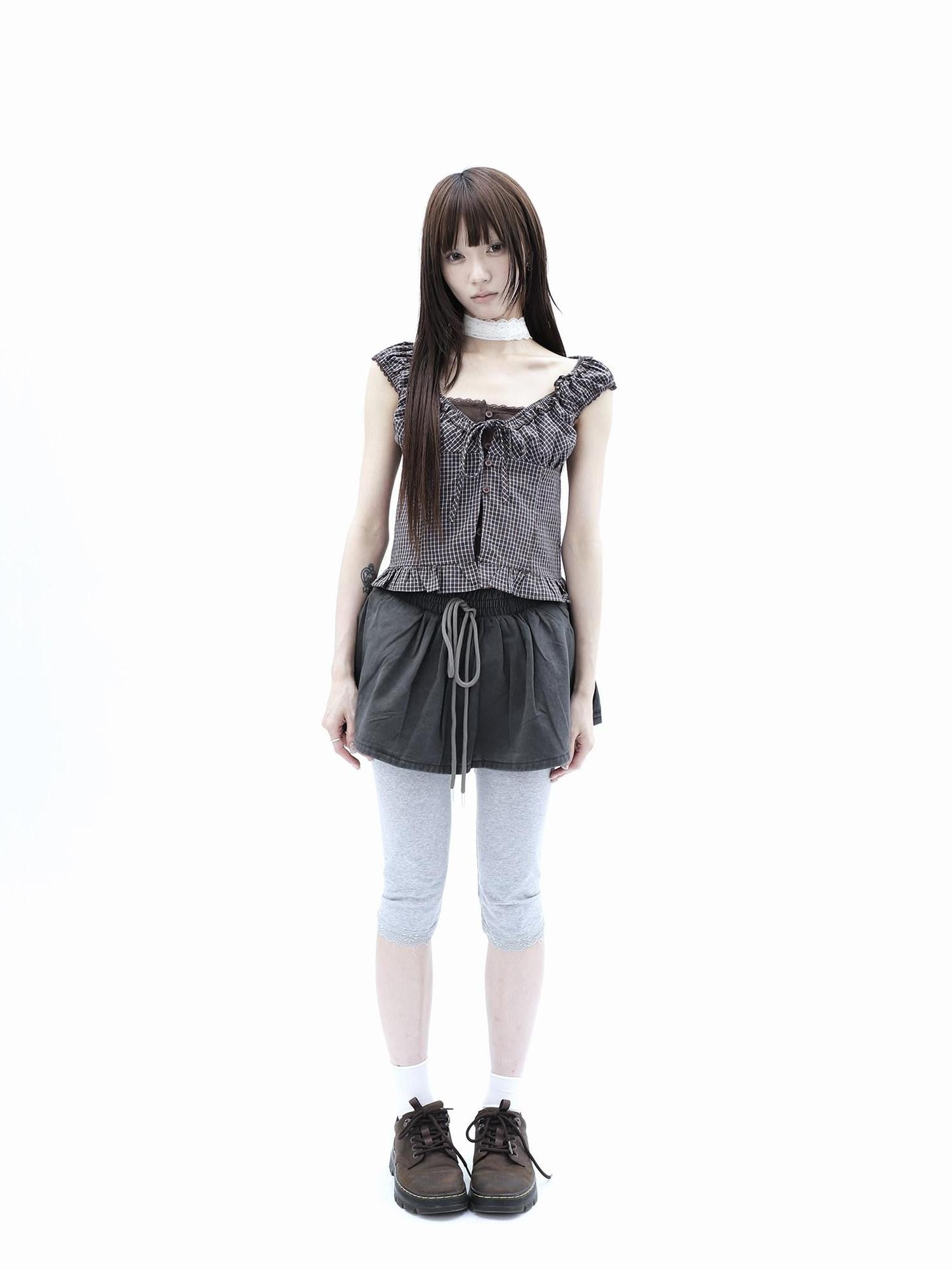 ang project Washed Distressed A Line Elastic Waist Built In Shorts Women&