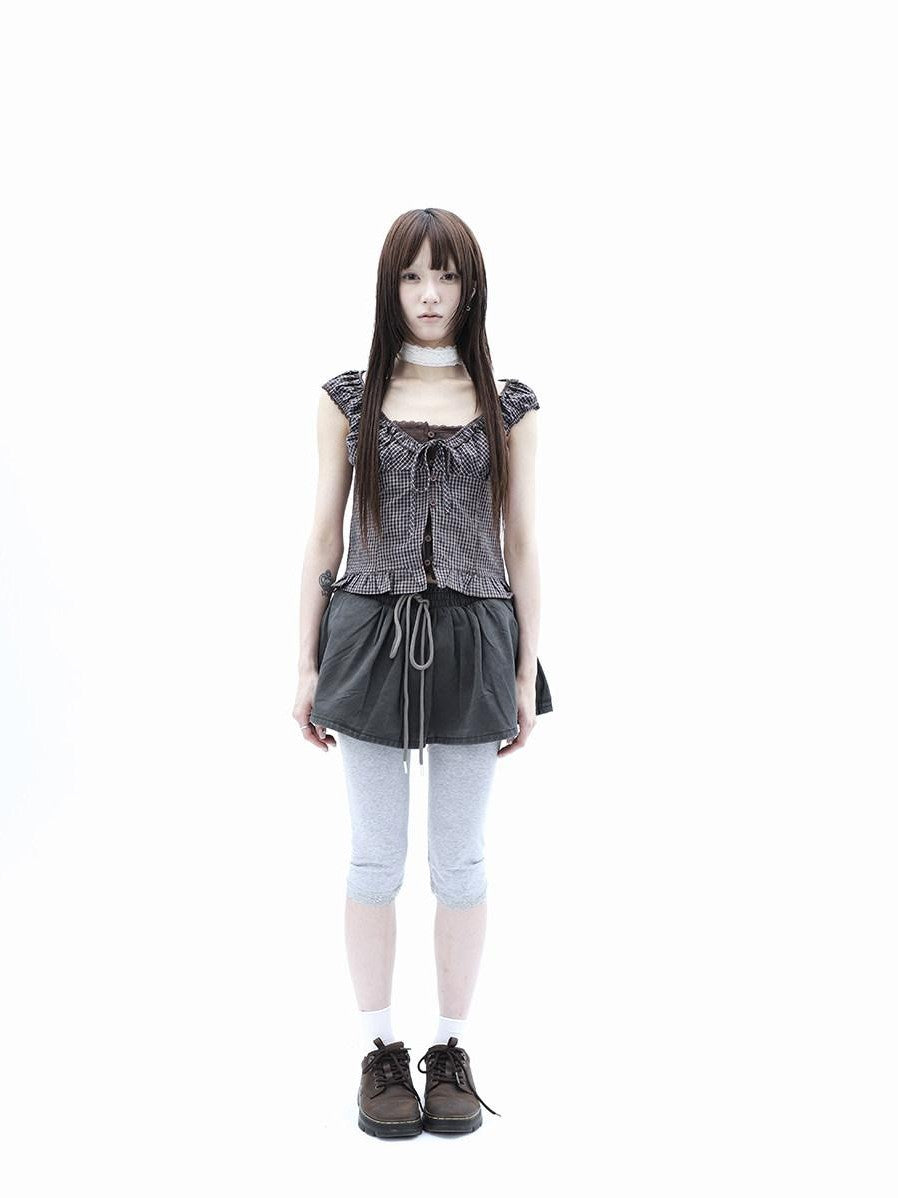 ang project Washed Distressed A Line Elastic Waist Built In Shorts Women&