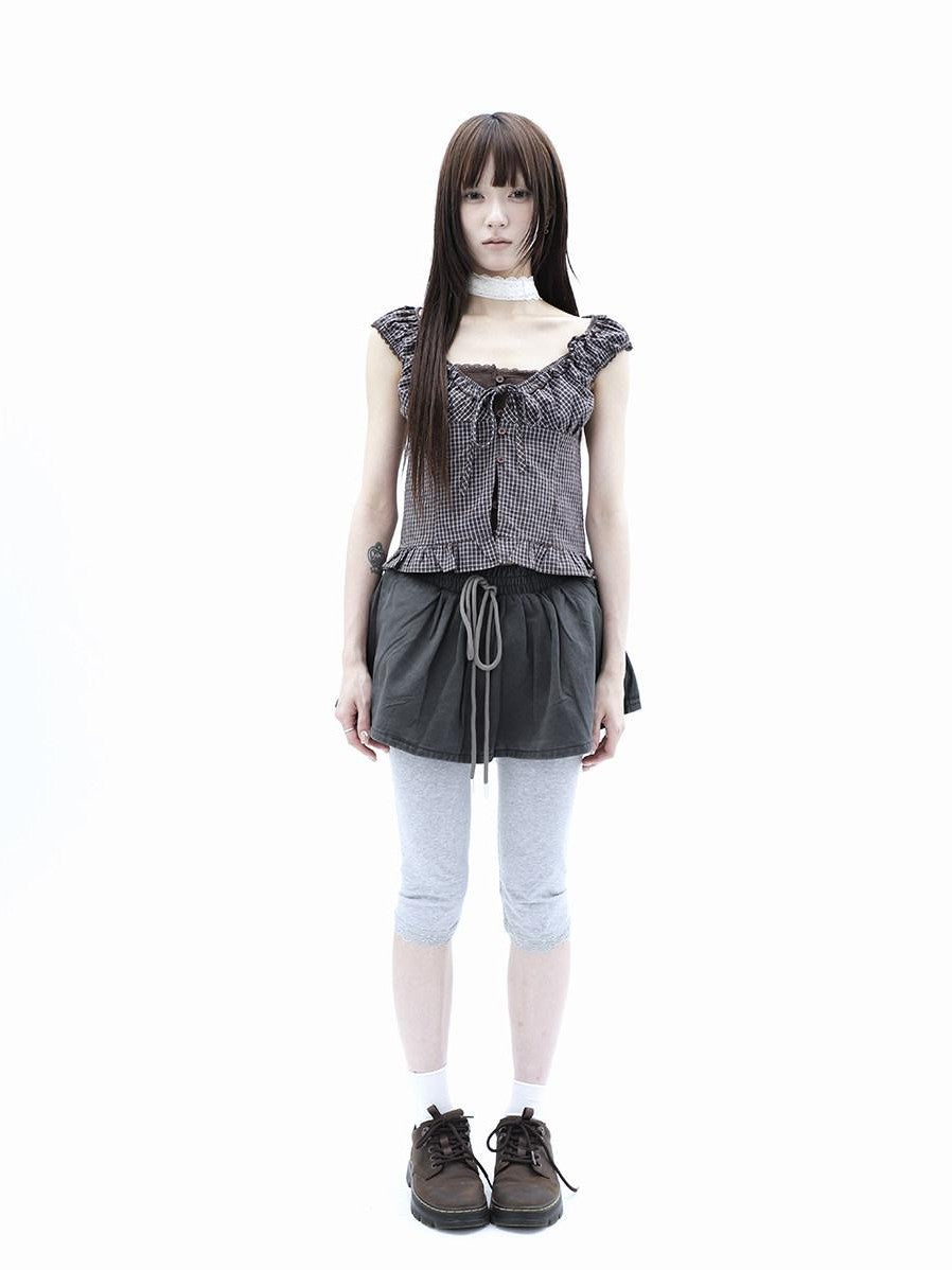 ang project Washed Distressed A Line Elastic Waist Built In Shorts Women&
