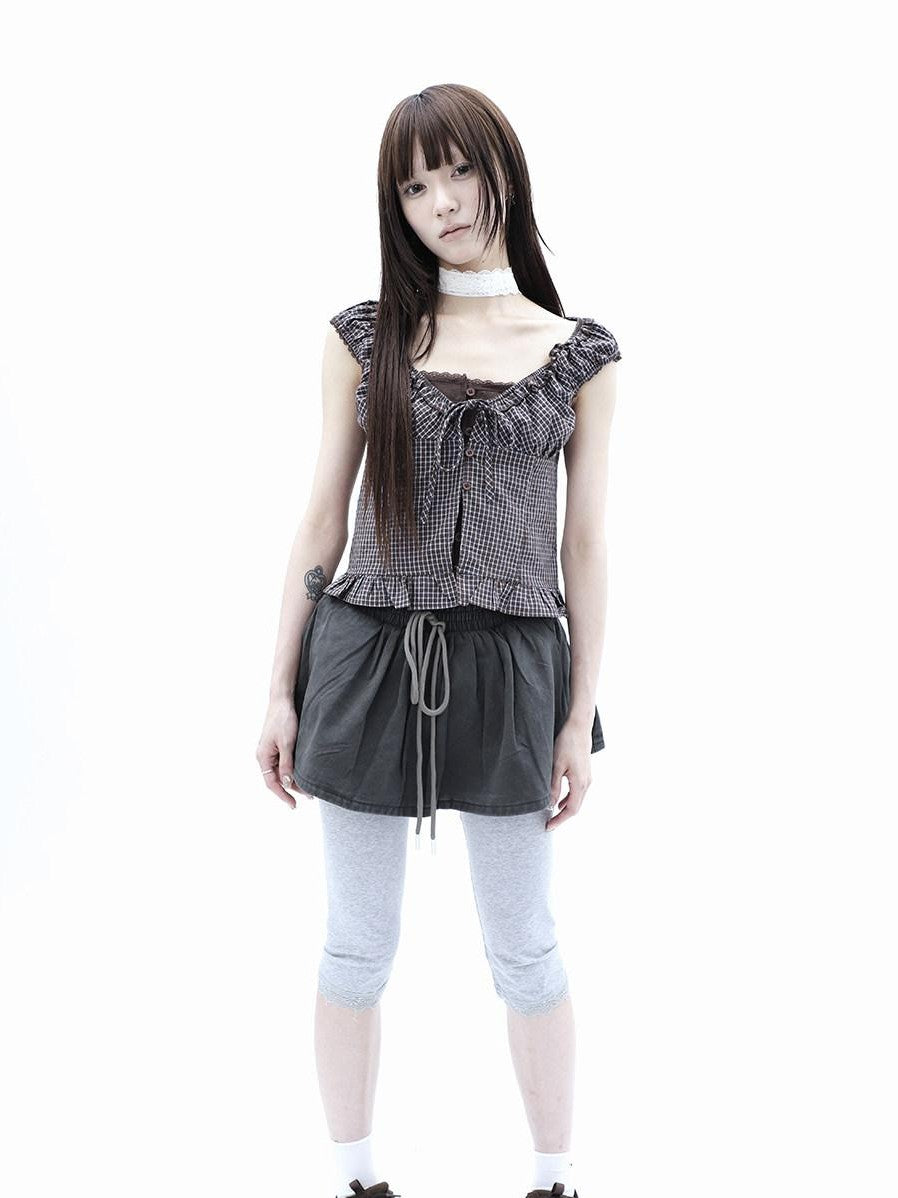 ang project Washed Distressed A Line Elastic Waist Built In Shorts Women&