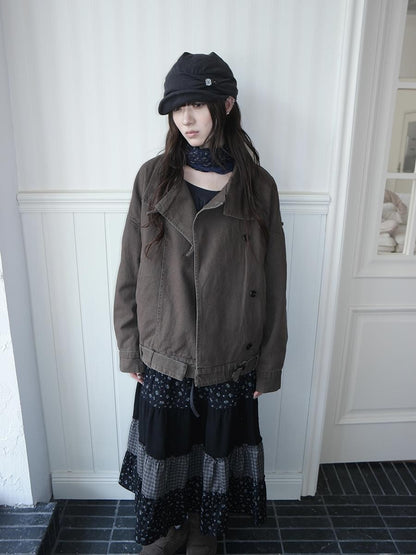 ang project Washed Distressed Vintage Button Up Stand Collar Women&