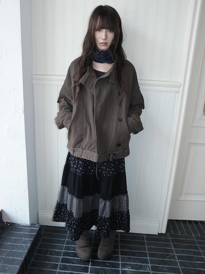 ang project Washed Distressed Vintage Button Up Stand Collar Women&