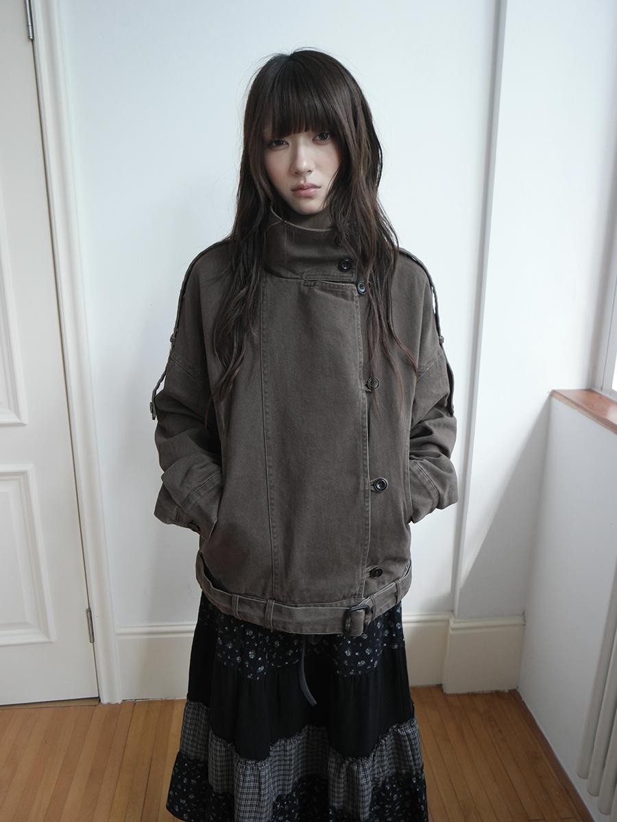 ang project Washed Distressed Vintage Button Up Stand Collar Women&