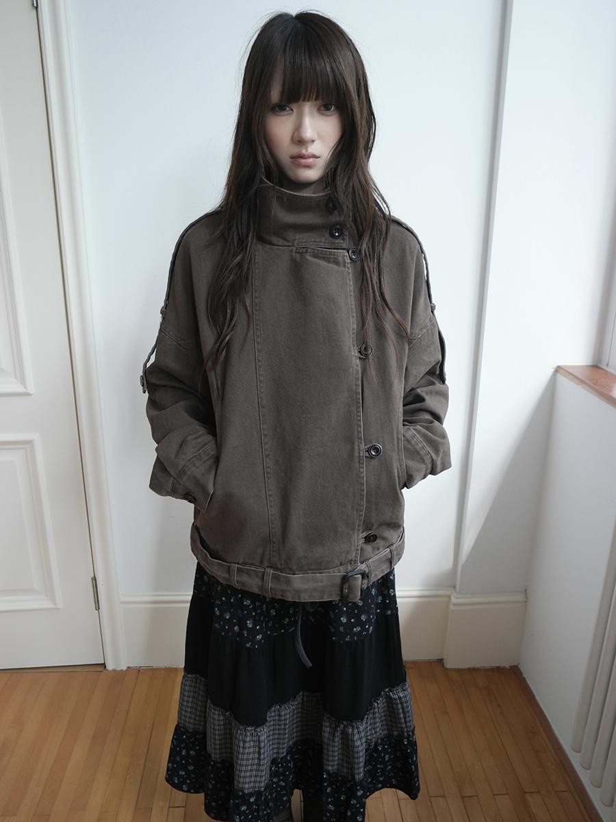 ang project Washed Distressed Vintage Button Up Stand Collar Women&