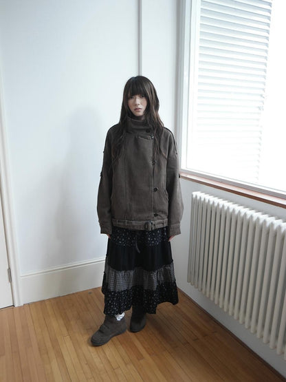 ang project Washed Distressed Vintage Button Up Stand Collar Women&