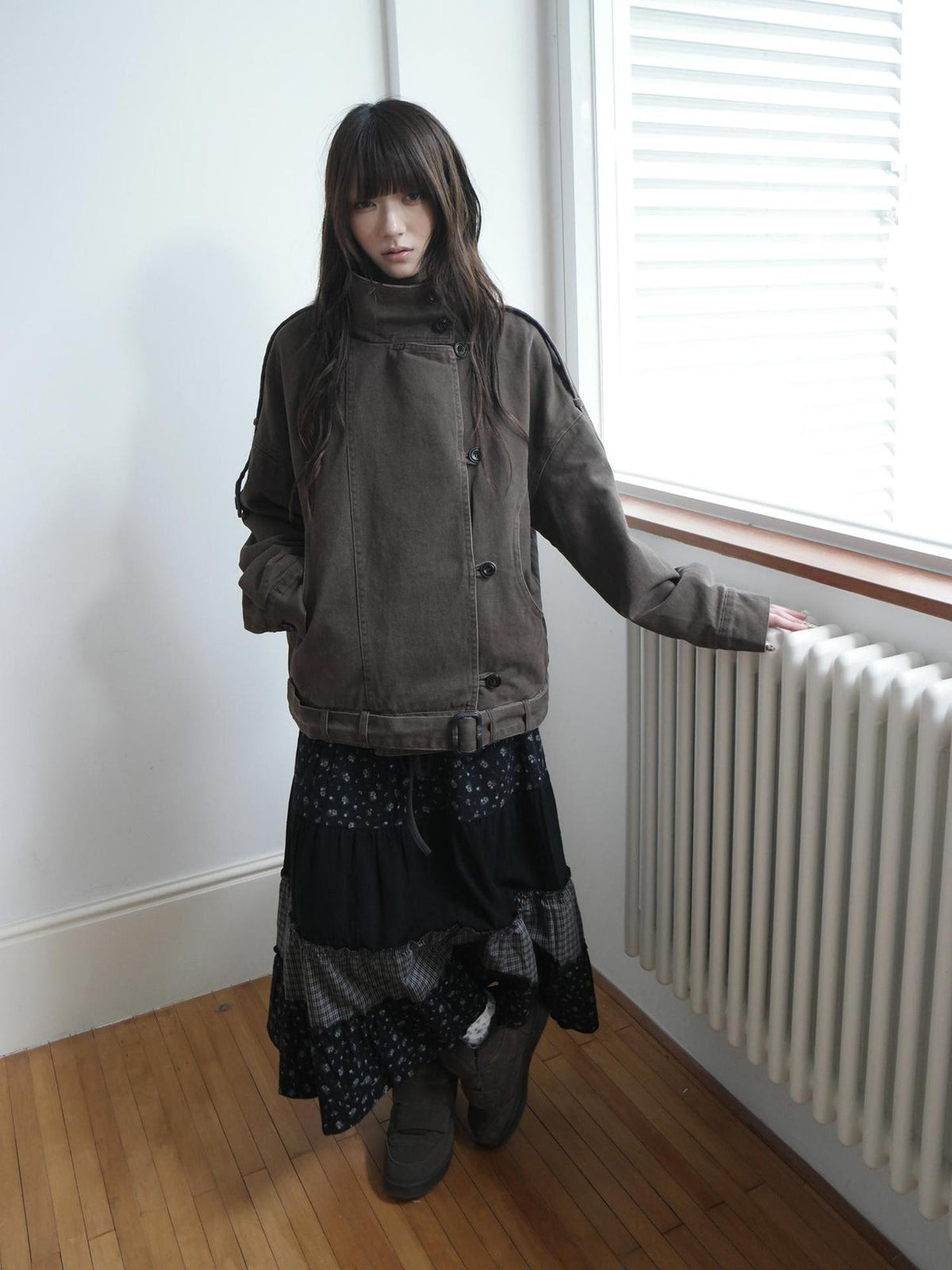 ang project Washed Distressed Vintage Button Up Stand Collar Women&