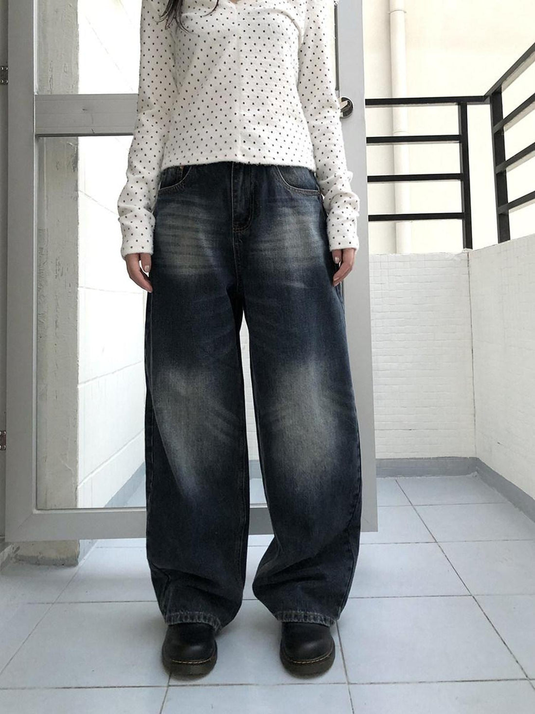 ang project Washed Vintage Wide Leg Natural Waist Zipper Fly Women Relaxed Fit Jeans