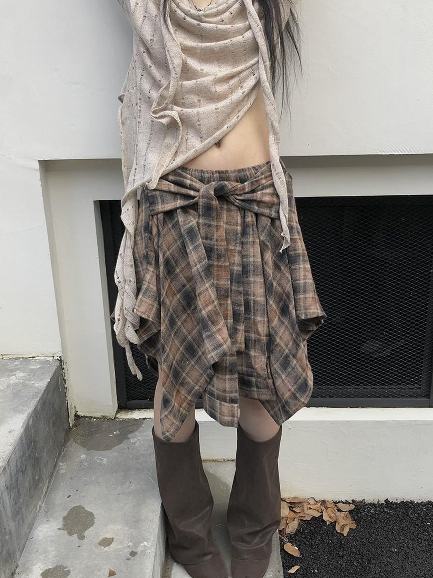 ang project Wasteland Asymmetrical Collar Knit Top With Scarf