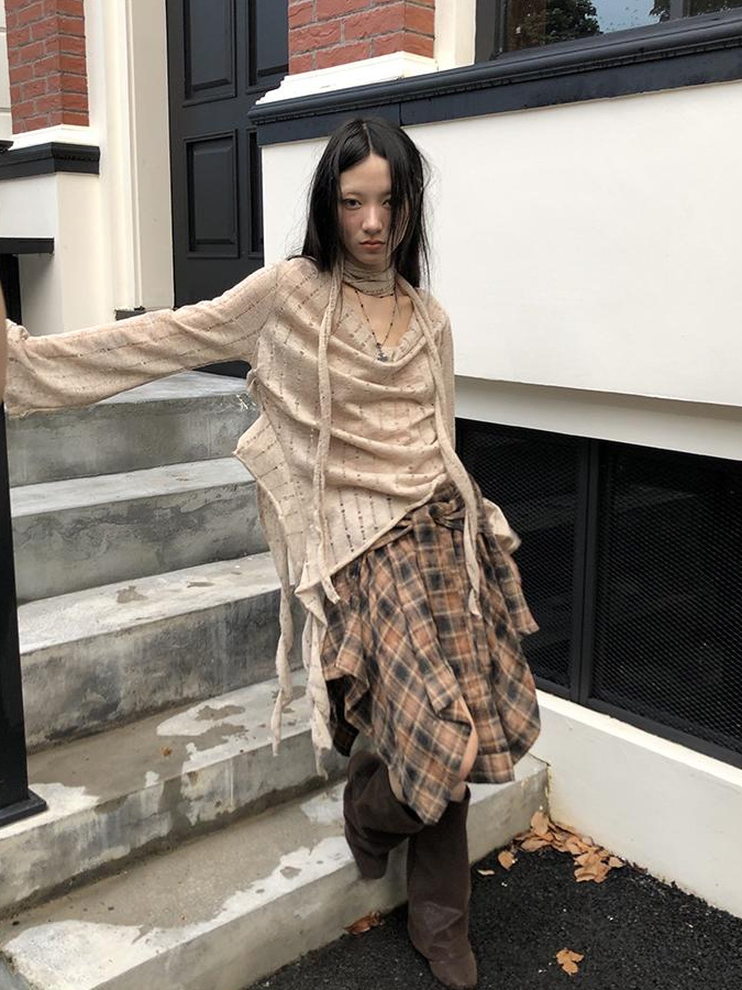 ang project Wasteland Asymmetrical Collar Knit Top With Scarf