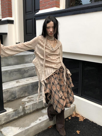 ang project Wasteland Asymmetrical Collar Knit Top With Scarf