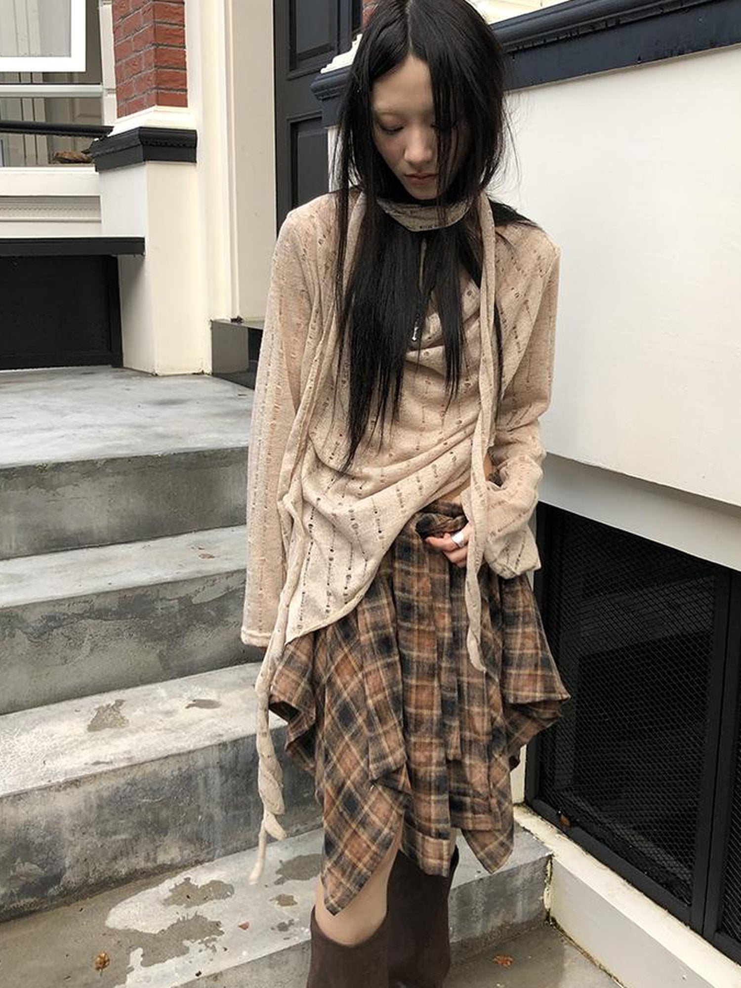 ang project Wasteland Asymmetrical Collar Knit Top With Scarf