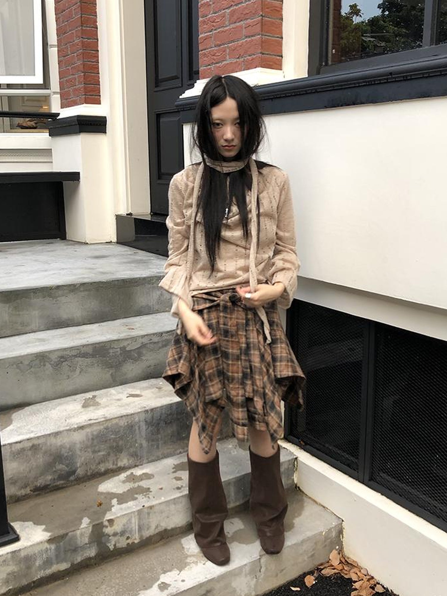 ang project Wasteland Asymmetrical Collar Knit Top With Scarf