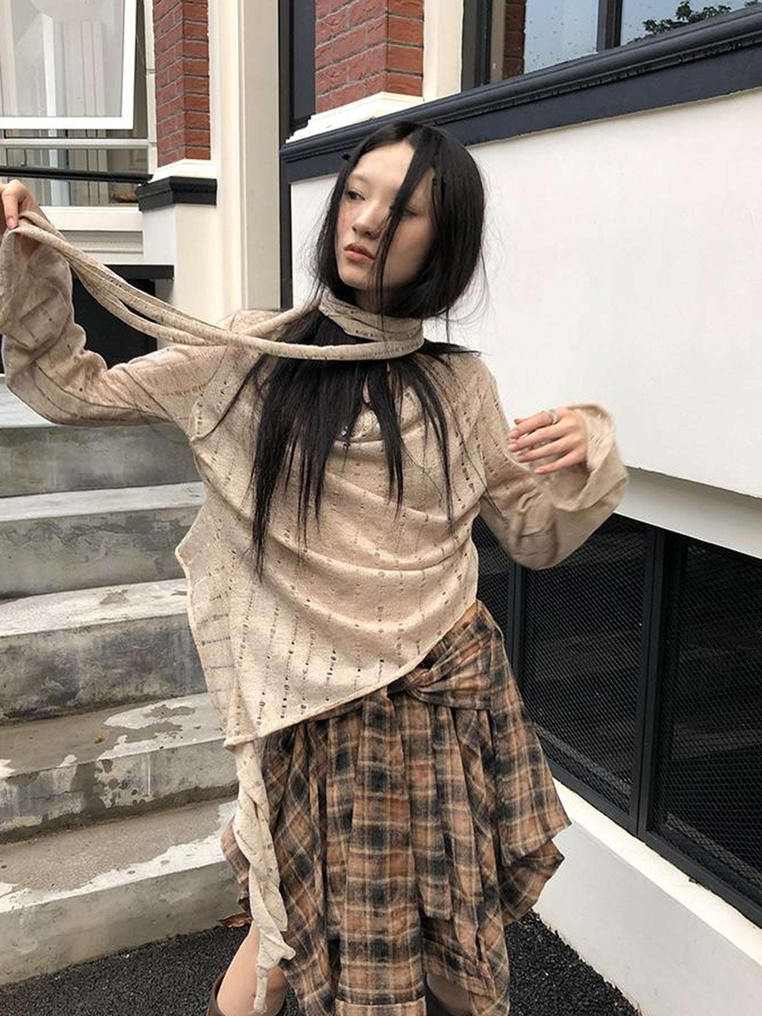ang project Wasteland Asymmetrical Collar Knit Top With Scarf