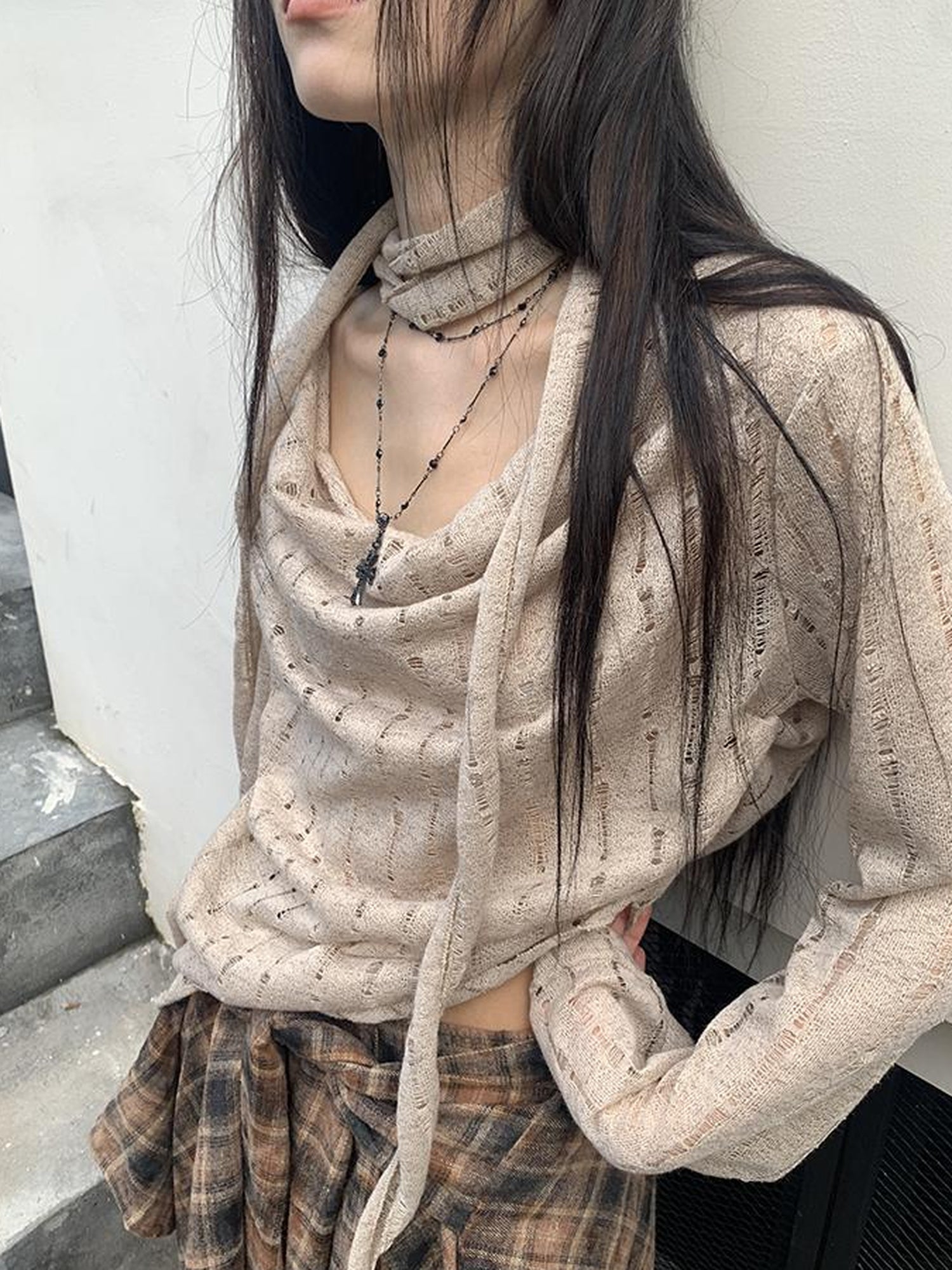 ang project Wasteland Asymmetrical Collar Knit Top With Scarf