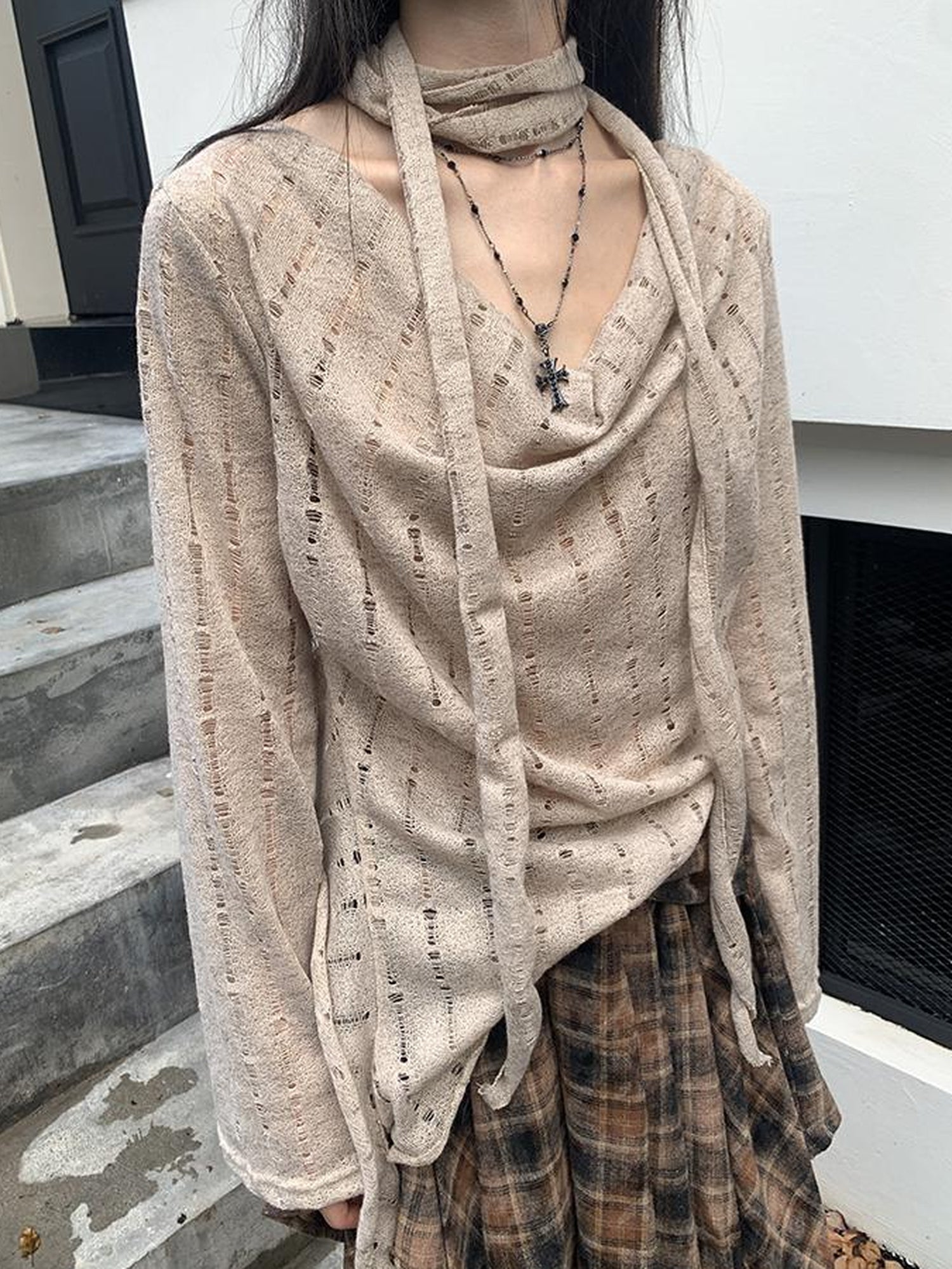 ang project Wasteland Asymmetrical Collar Knit Top With Scarf