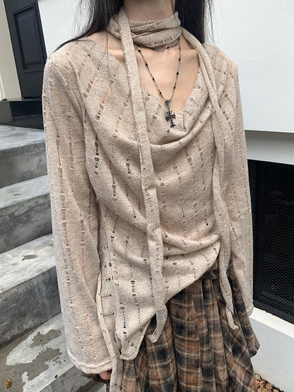 ang project Wasteland Asymmetrical Collar Knit Top With Scarf